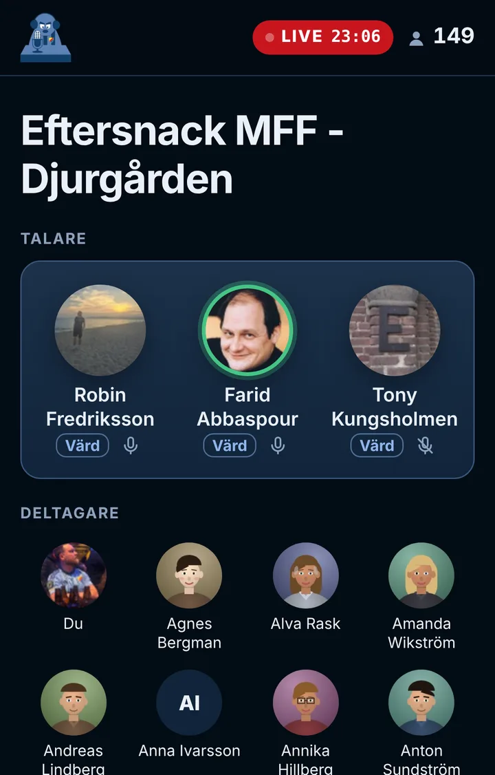 Så ser ett samtal i DIFpodden ut på telefonen: värdarna på scen och lyssnarna under.